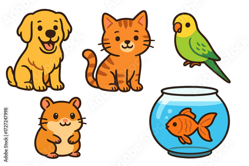 Charming collection of happy domestic animals featuring a dog, cat, parrot, hamster, and goldfish in a bowl