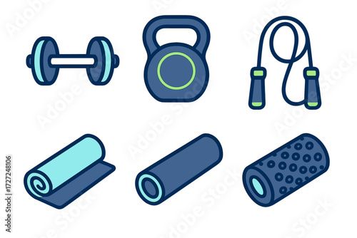 Assortment of gym and home workout equipment including dumbbells, kettlebell, jump rope, yoga mat, and foam roller