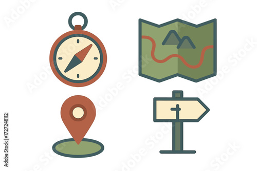 Navigation and travel icons set with compass, map, location pin, and signpost for adventure and exploration