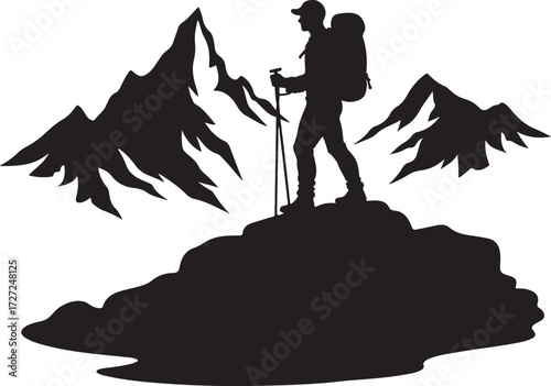 Silhouette hiker on mountain peak with poles summit