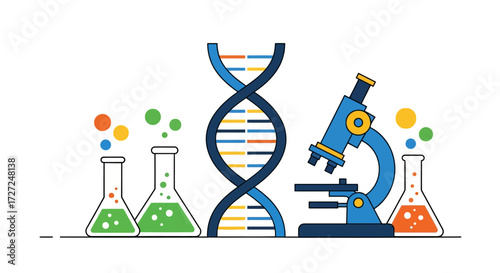 An illustration of a DNA strand, microscope, and laboratory flasks, representing scientific research.