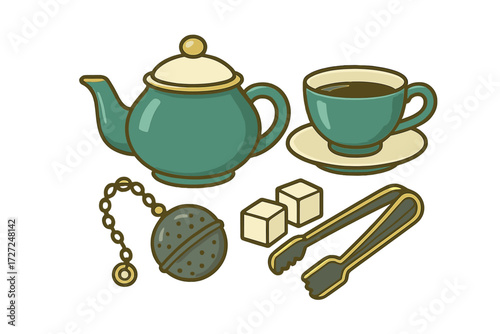 Classic tea set with a teapot, teacup, saucer, tea infuser, sugar cubes, and sugar tongs for hot beverage enjoyment