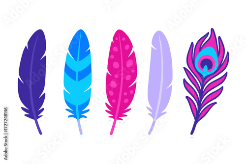 Vibrant collection of decorative bird feathers in various colors including a distinctive peacock feather design with bright hues
