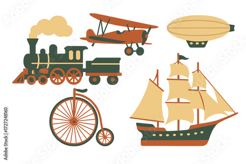Classic modes of transport including steam train, biplane, airship, sailing ship, and penny-farthing bicycle