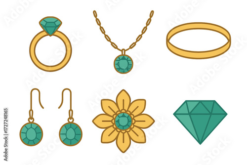 Elegant gold jewelry collection with sparkling teal gemstones featuring rings, necklace, earrings, and a loose diamond