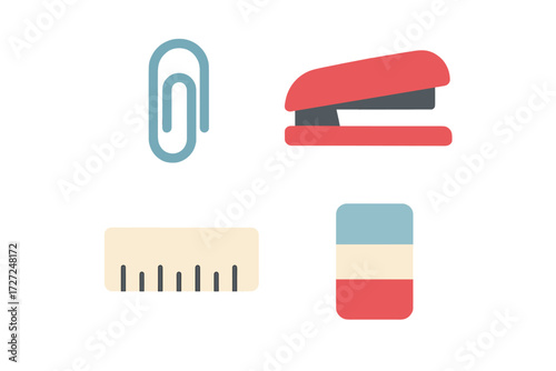 Essential office supplies collection featuring a paper clip, stapler, ruler, and eraser in a clean, modern style
