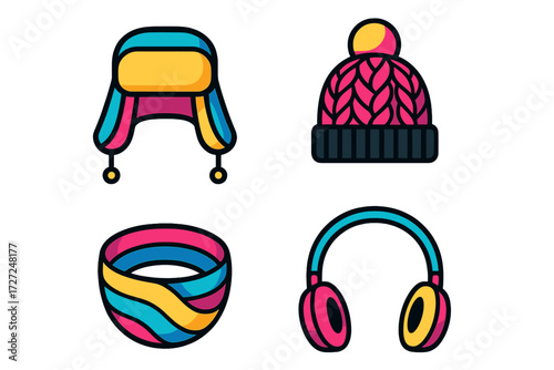 A vibrant collection of winter headwear including a trapper hat, knitted beanie, neck warmer, and a pair of modern headphones