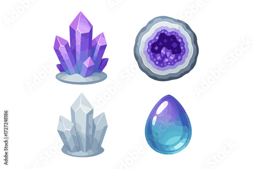 Collection of vibrant purple and white crystal clusters with a detailed amethyst geode and a polished gradient gemstone