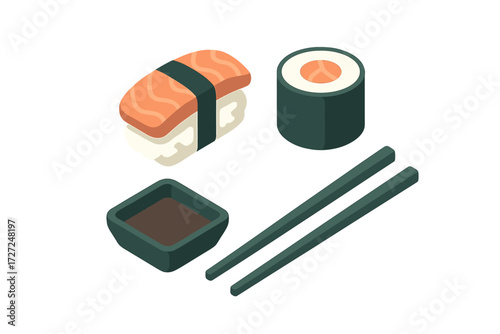 Delicious Japanese sushi set with salmon nigiri, maki roll, soy sauce, and chopsticks for a traditional meal