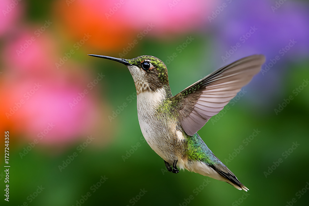Fototapeta premium Ruby tailed hummingbird in flight and perched on a branch in nature