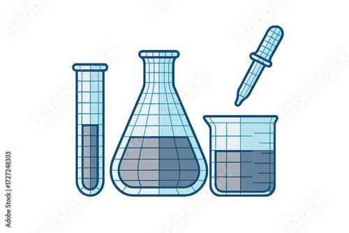Essential laboratory glassware set with various liquids for scientific experiments and chemical research in a clean graphic style