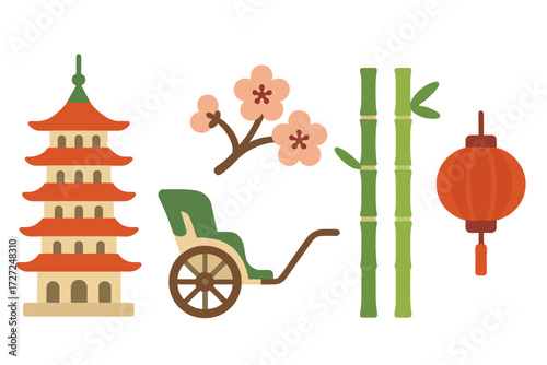 Traditional Asian cultural elements with pagoda, cherry blossoms, bamboo, rickshaw, and red lantern