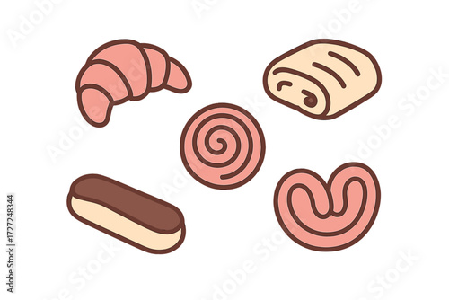 Assortment of classic French pastries and baked goods including croissant, eclair, and other sweet treats