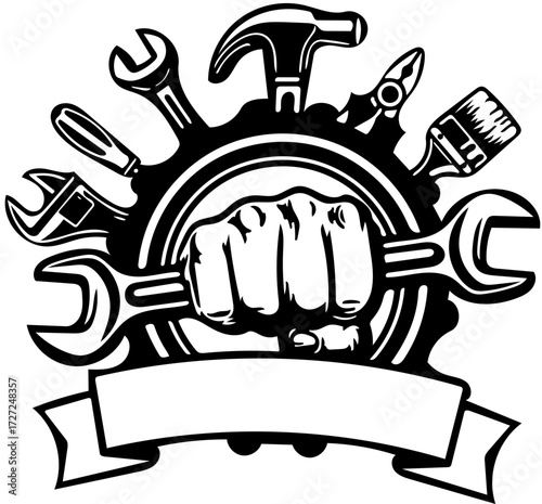 A powerful fist holds a wrench, surrounded by various tools, in a circular design with a banner.