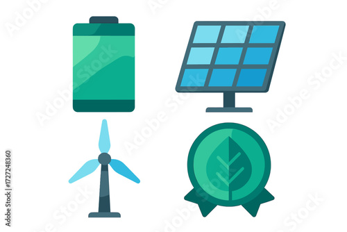 Renewable energy sources and eco-friendly technology featuring battery, solar panel, wind turbine, and green leaf badge