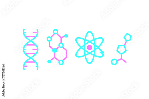 Essential scientific symbols representing DNA double helix, atomic structure, and molecular bonds for research and education