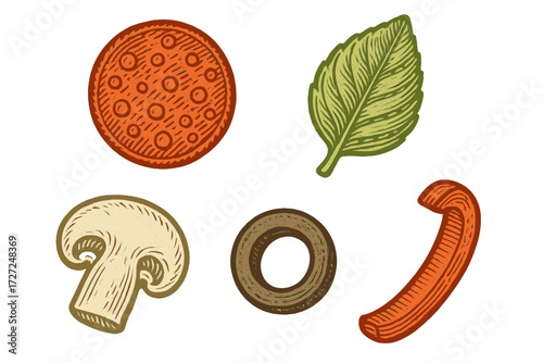 Assortment of classic pizza toppings including pepperoni, basil, mushroom, olive, and pepper in vintage style