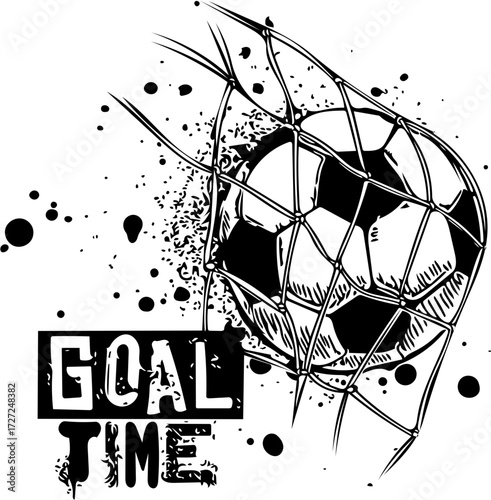 Gritty black and white vector illustration capturing the dramatic intensity of a soccer ball powerfully hitting the net, symbolizing the thrilling culmination of a decisive sports play and victory