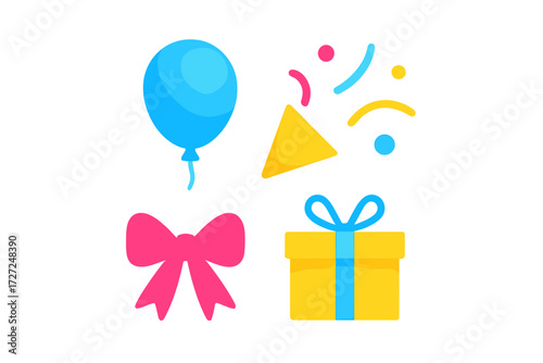 Bright and colorful celebration party elements set with balloon, gift box, bow, and confetti popper for festive occasions and holidays