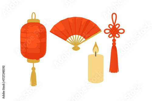 Collection of traditional Asian festive decorations featuring a red lantern, folding fan, burning candle, and lucky knot