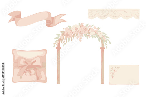 Elegant wedding ceremony decorative elements set with floral arch, rings, pillow, banner, and lace trim