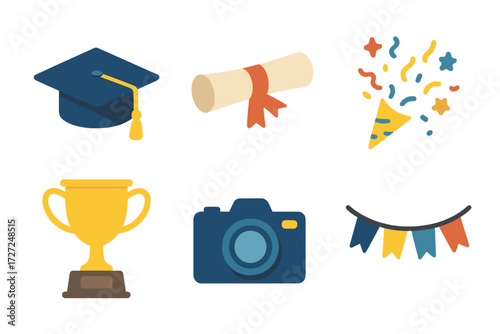 Academic achievement symbols with graduation cap diploma trophy and celebration elements including party popper flags camera