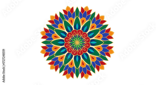Colorful mandala design with symmetrical floral patterns in red, green, blue, and yellow on a white background.