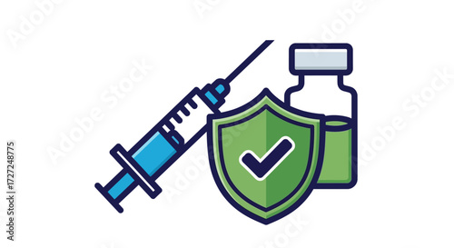 Illustration of a syringe, vaccine vial, and shield with a checkmark, representing protection.