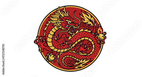 A stylized red dragon, with golden accents, coiled in a circular design, against a red background.