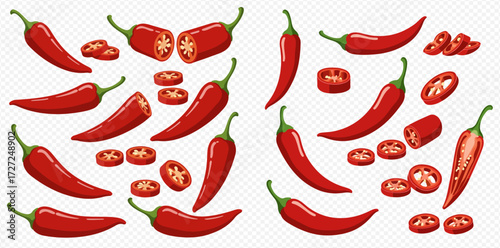 A vibrant collection of red chili peppers, presented whole, sliced, and halved, showcasing their spicy culinary appeal.