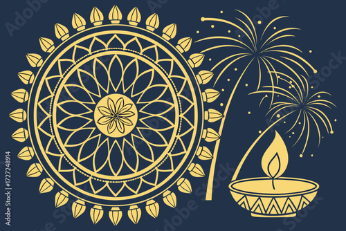 intricate gold floral pattern, glowing diya lamp, radiant fireworks explosion, dramatic lighting, fantasy, digital art