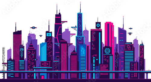 A vibrant, stylized illustration of a futuristic cityscape with tall buildings and flying vehicles.