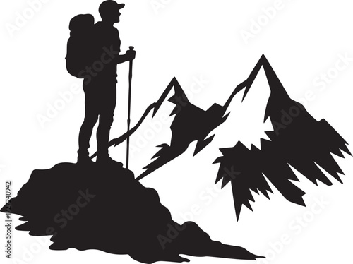 Silhouette hiker on mountain peak with trekking poles