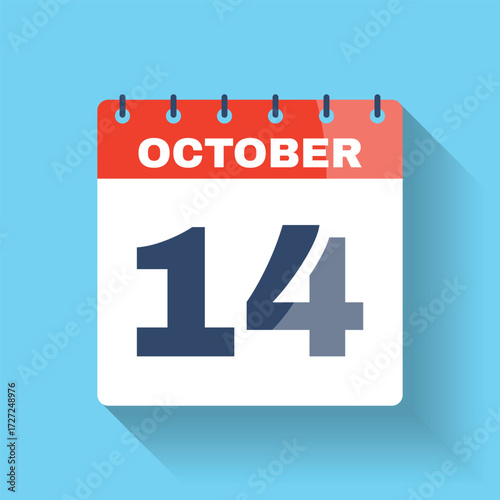 October 14 flat calendar icon with shadow