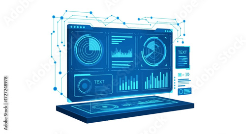 A futuristic digital interface displaying data visualizations and analytical charts, glowing blue.
