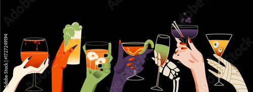 The monster's hands are holding drinks and cocktails. Halloween party and celebration.