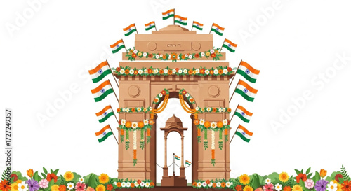 India Gate with Tricolor Flags and Flowers
