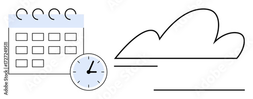 Calendar with clock and cloud conveys scheduling, planning, and adaptability. Ideal for productivity, time management, organization, planning, deadlines, flexibility future vision simple flat