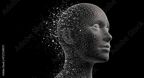 dissolving human head made of particles — abstract ai mind on black background — dramatic tech poster
