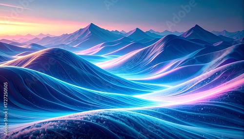 Vibrant, glowing mountainscape at sunrise