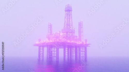 Offshore oil rig in purple fog minimalist industrial image