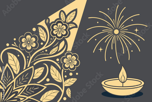 intricate gold floral pattern, glowing diya lamp, radiant fireworks explosion, dramatic lighting, fantasy, digital art