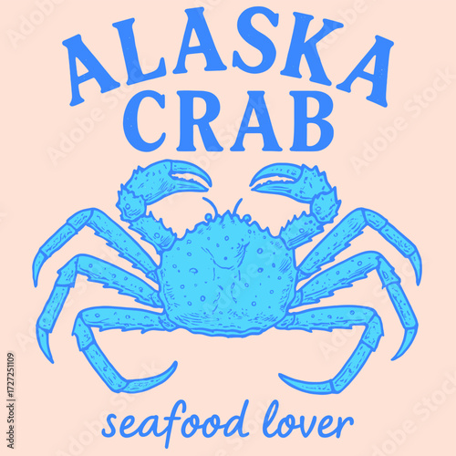 Alaska Crab Seafood Lover Logo. Retro Vintage King Crab and Fish Market Illustration Design.