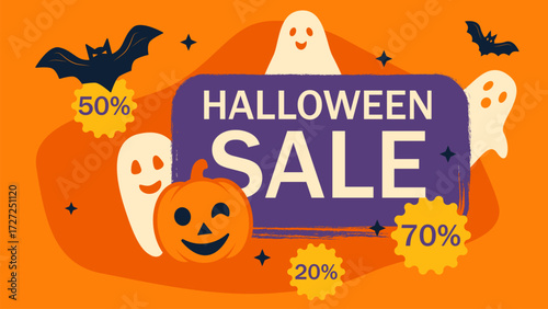 A bright, cartoon-style Halloween discount poster featuring a pumpkin, bat, and ghost. EPS10 vector illustration.