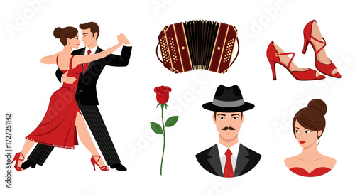 Passionate Tango Dance and Elements A Vibrant Collection of Classic Ballroom Romance and Musical Instrument with Fashion Accessories