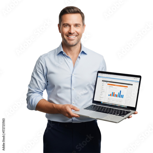 Businessman using laptop and smiling isolated on white or transparent background