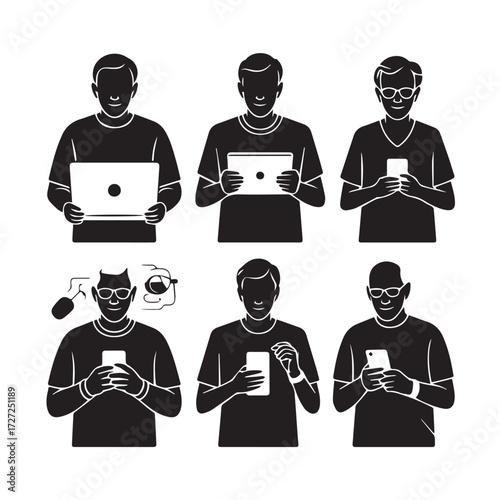 Vector art of collection of diverse people interacting with various modern technology devices like laptops, tablets, and smartphones