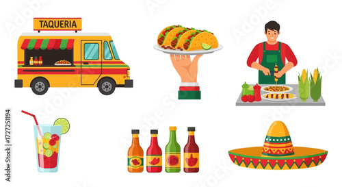 A collection of colorful flat vector illustrations depicting the vibrant culture of Mexican street food, featuring a taqueria truck, tacos, a chef, and traditional items