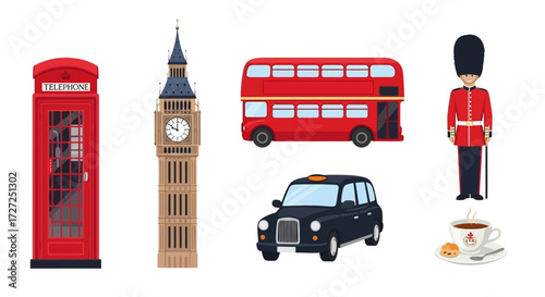 A vibrant illustration showcasing a charming ensemble of renowned British cultural icons and travel symbols, depicting the unique heritage and popular destinations of the United Kingdom