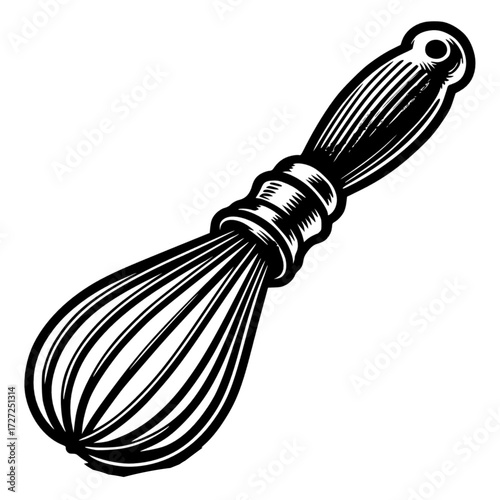 Vintage metal whisk with a wooden handle black vector icon with transparent background 